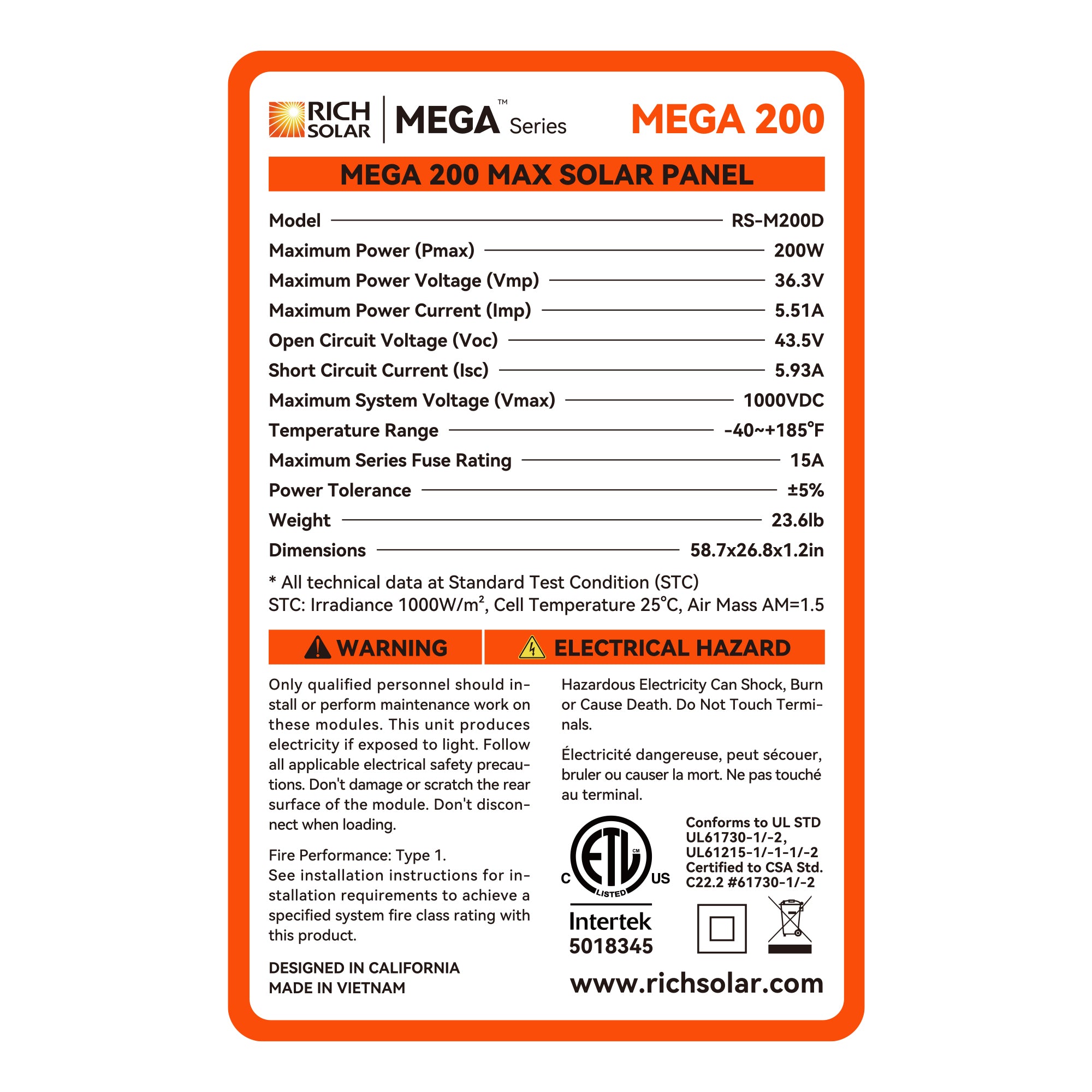 MEGA 200 MAX | 200 Watt 24 Volt Solar Panel | Premium 24V Off-Grid Solar Panel for RVs, Trailers, Cabins | 25-Year Output Warranty | UL Certified