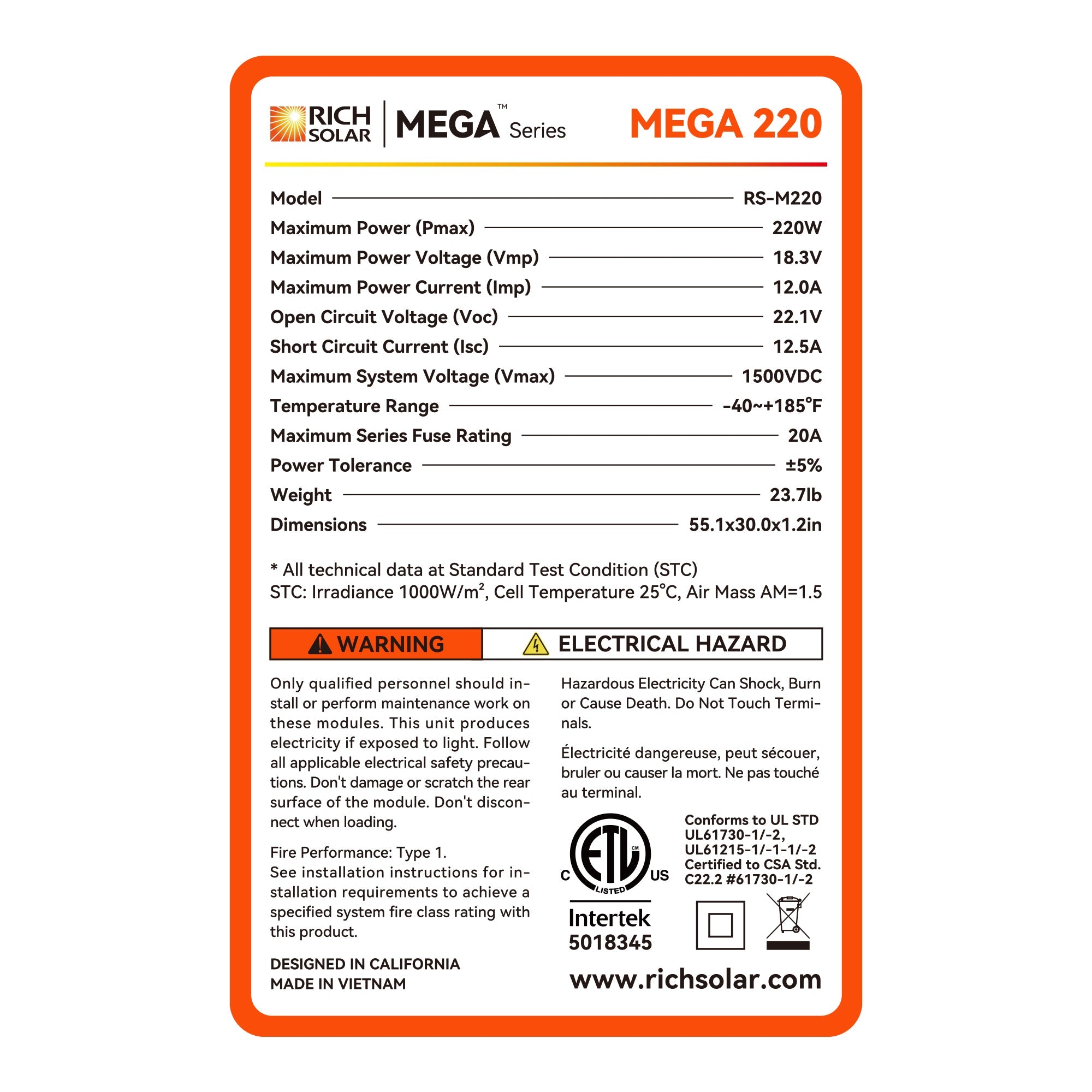 MEGA 220 | 220 Watt Solar Panel | Premium 12V Off-Grid Solar Panel for RVs, Cabins, Boats | 25-Year Output Warranty | UL Certified