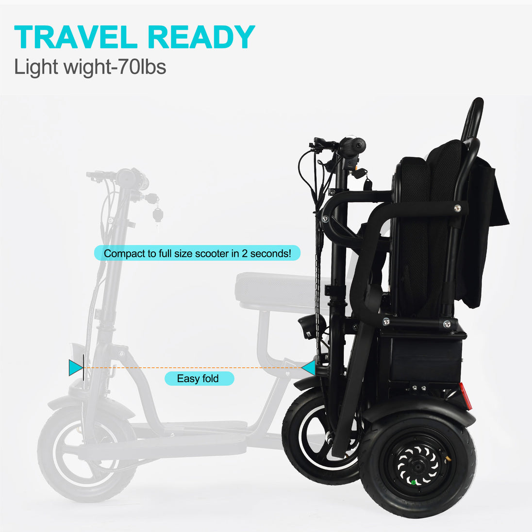 MotoTec Folding Mobility Electric Trike 48v 700w Dual Motor Lithium Black - Image 6