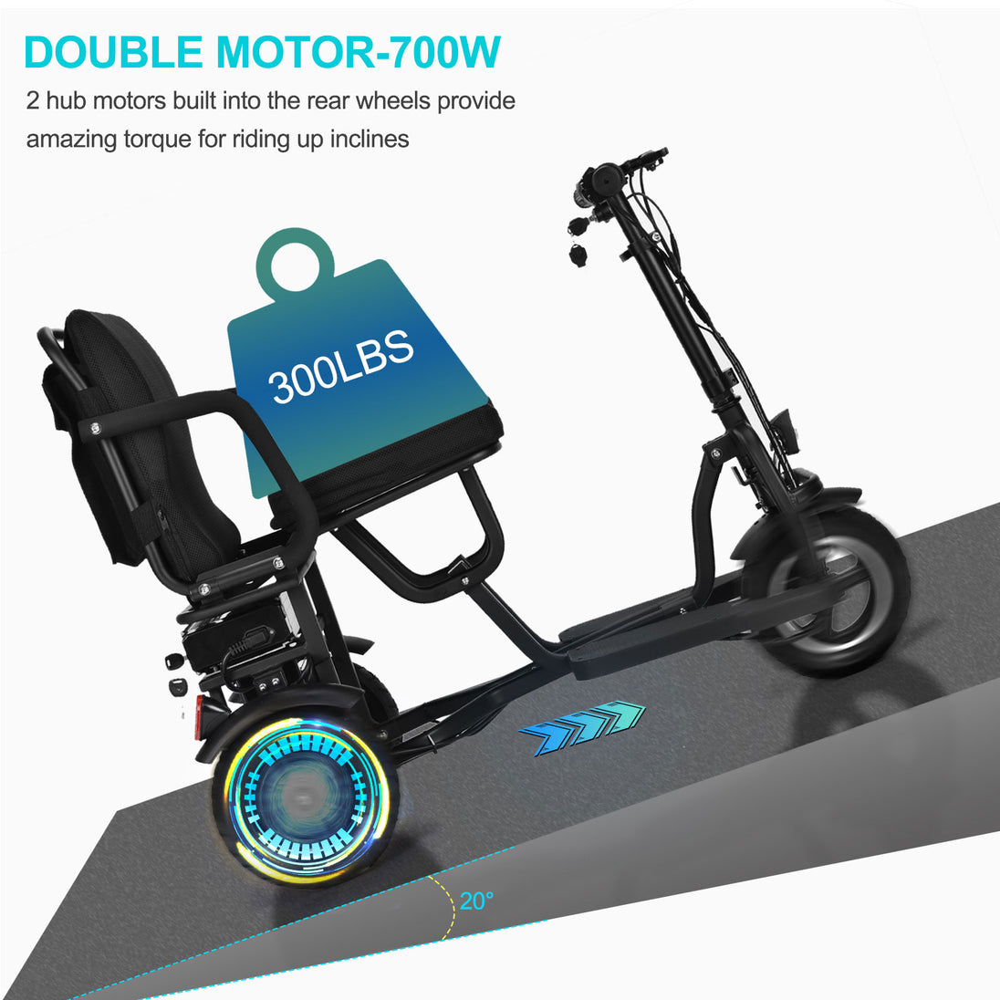 MotoTec Folding Mobility Electric Trike 48v 700w Dual Motor Lithium Black - Image 7