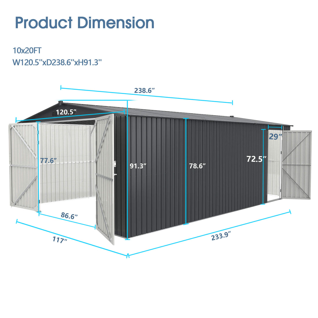 Chery Industrial 10'x20' Metal Garage Shed with Double Front Doors, Side Entry Door