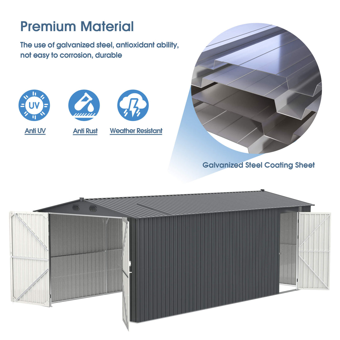 Chery Industrial 13'x20' Metal Garage Shed with Double Front Doors, Side Entry Door