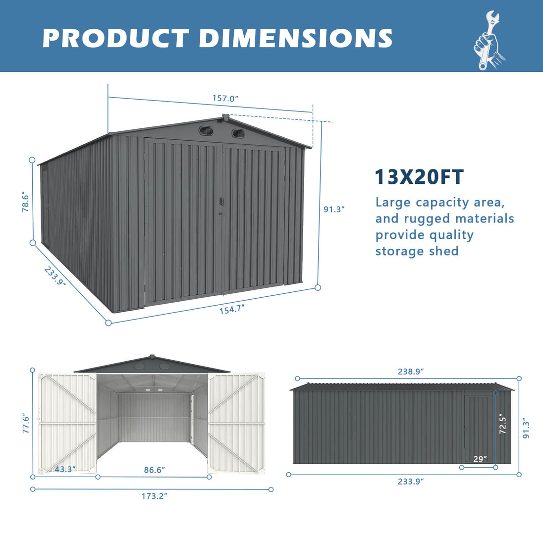 Chery Industrial 13'x20' Metal Garage Shed with Double Front Doors, Side Entry Door
