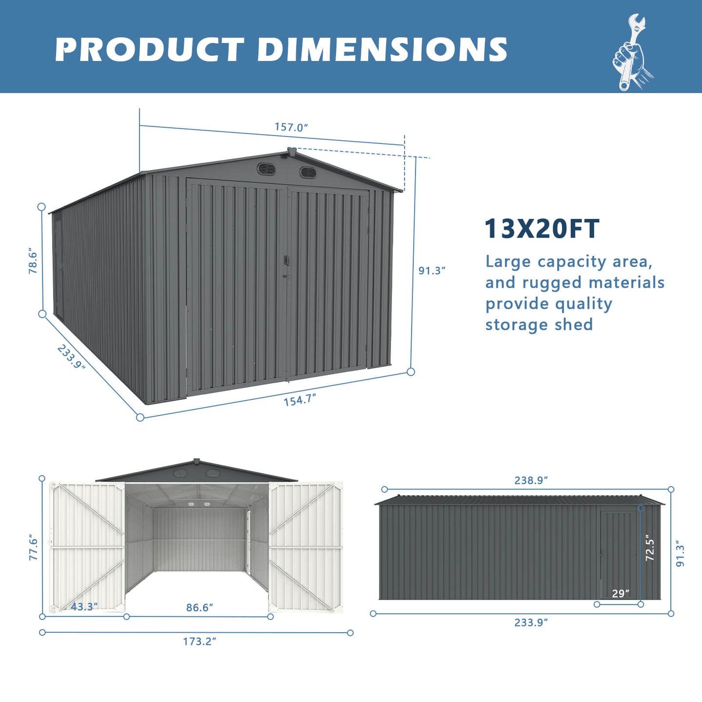 Chery Industrial 13'x20' Metal Garage Shed with Double Front Doors, Side Entry Door