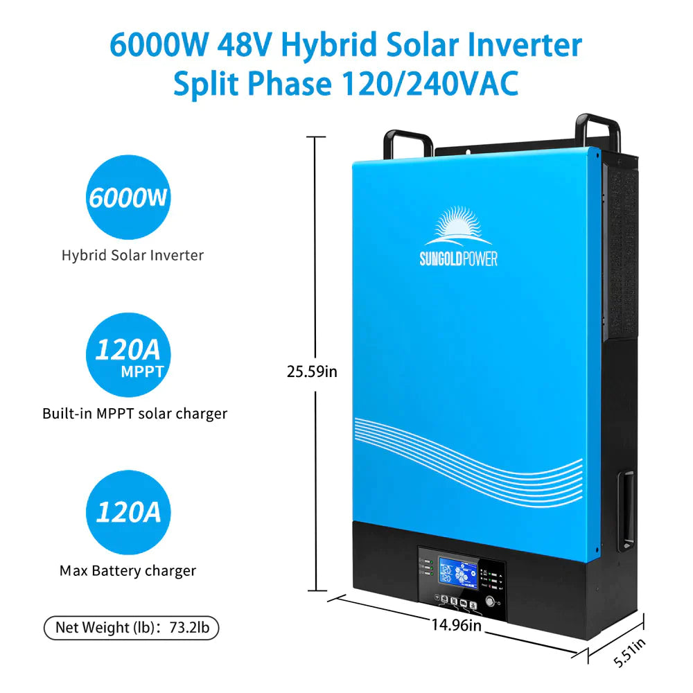 SUNGOLD POWER | 6000W 48V HYBRID SOLAR INVERTER SPLIT PHASE 120/240VAC (GRID FEEDBACK & BATTERYLESS)