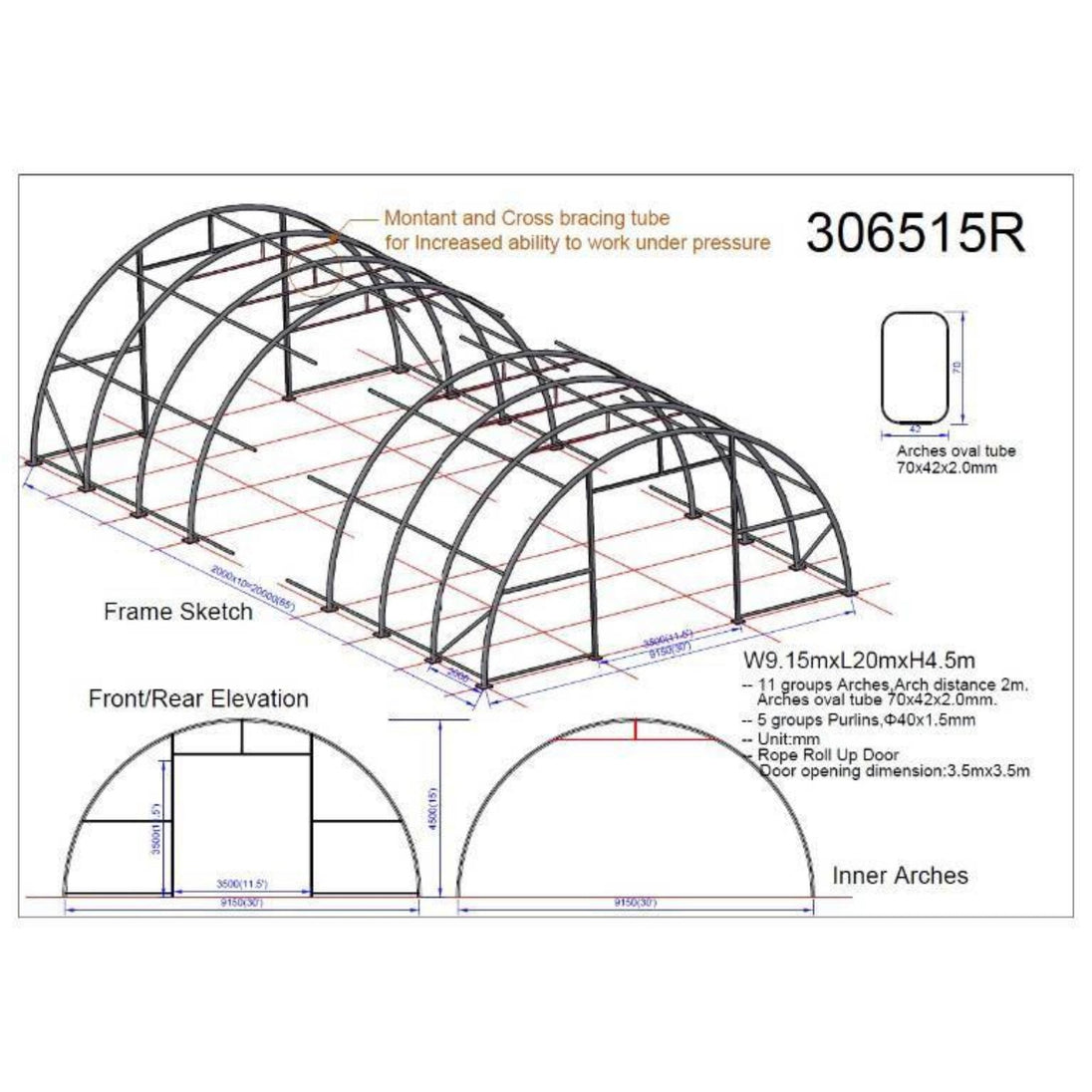 Chery Industrial W30'xL65'xH15' Single Truss Arch Storage Shelter