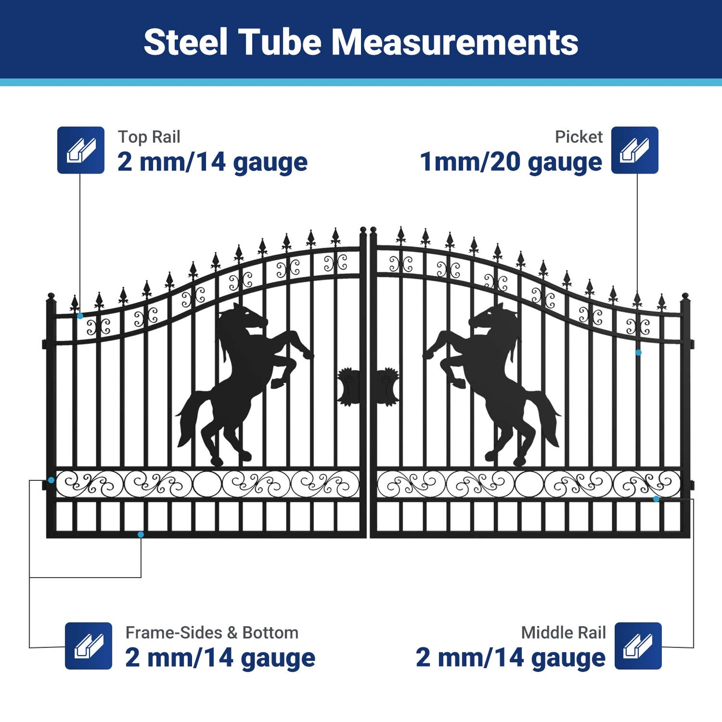 Chery Industrial 14x8 ft Steel Dual Swing Driveway Gate with Horse Pattern