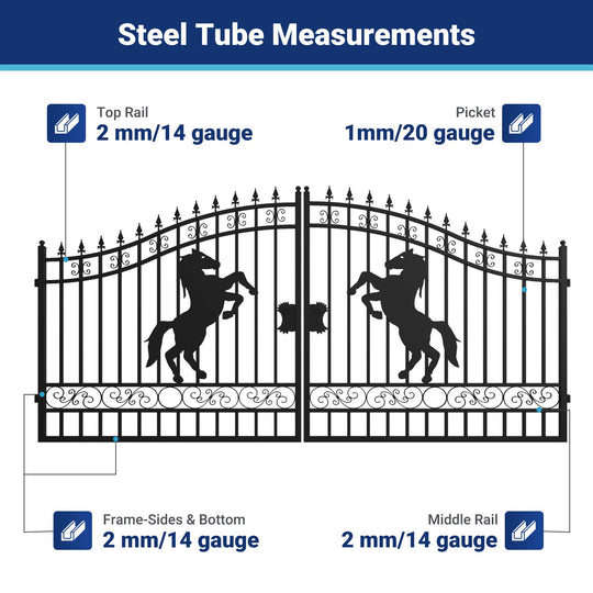 Chery Industrial 14x8 ft Steel Dual Swing Driveway Gate with Horse Pattern