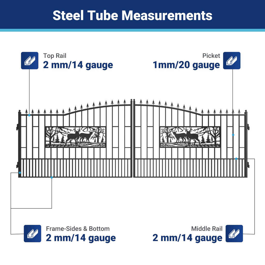 Chery Industrial 20x7 ft Steel Dual Swing Driveway Gate with Rectangular Deer Pattern
