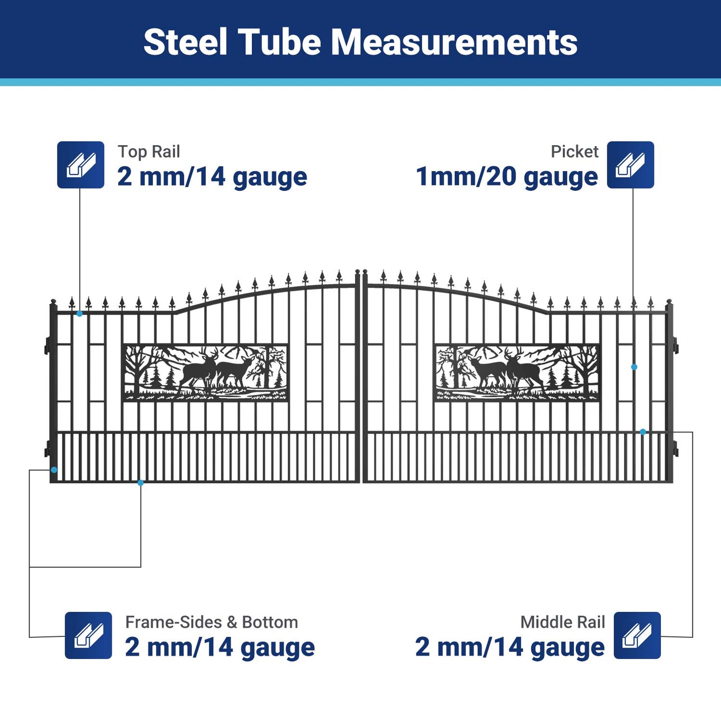 Chery Industrial 20x7 ft Steel Dual Swing Driveway Gate with Rectangular Deer Pattern