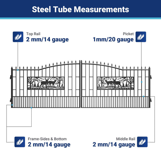 Chery Industrial 20x7 ft Steel Dual Swing Driveway Gate with Rectangular Deer Pattern