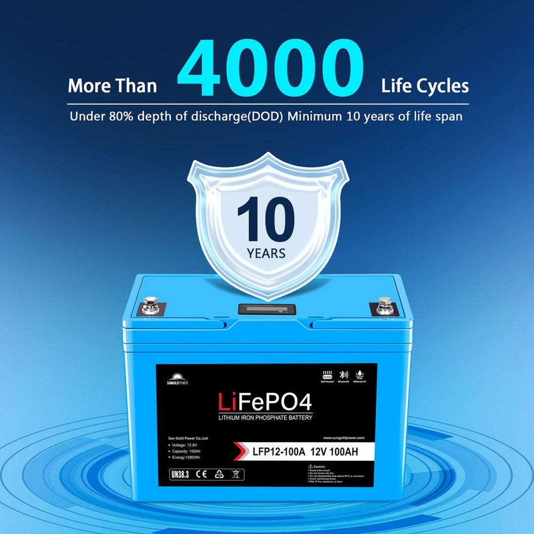 SunGold Power | 4 X 12V 100AH LiFePO4 Deep Cycle Lithium Battery / Bluetooth /Self-heating / IP65 | LFP12-100AX4
