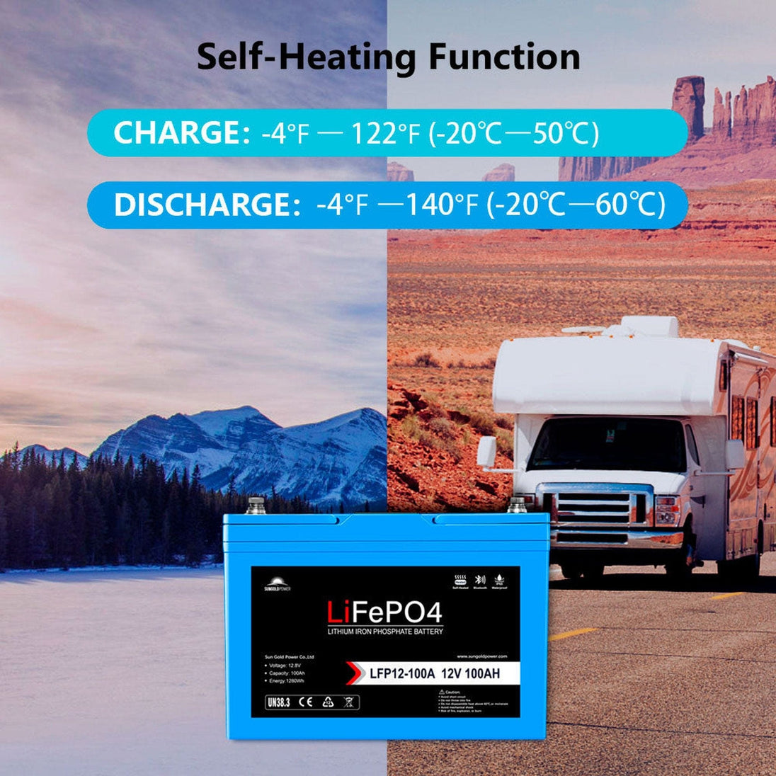 SunGold Power | 4 X 12V 100AH LiFePO4 Deep Cycle Lithium Battery / Bluetooth /Self-heating / IP65 | LFP12-100AX4