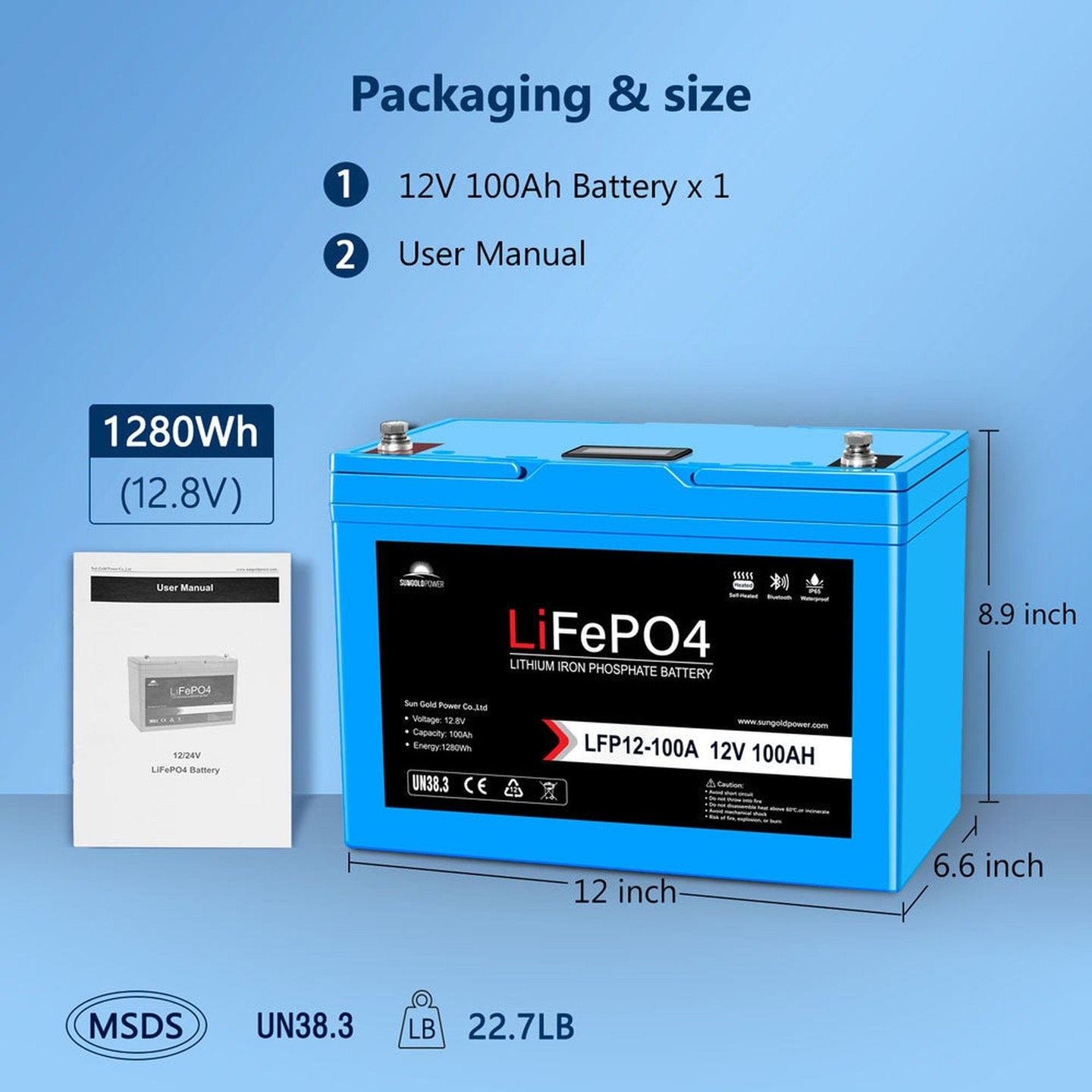 SunGold Power | 4 X 12V 100AH LiFePO4 Deep Cycle Lithium Battery / Bluetooth /Self-heating / IP65 | LFP12-100AX4
