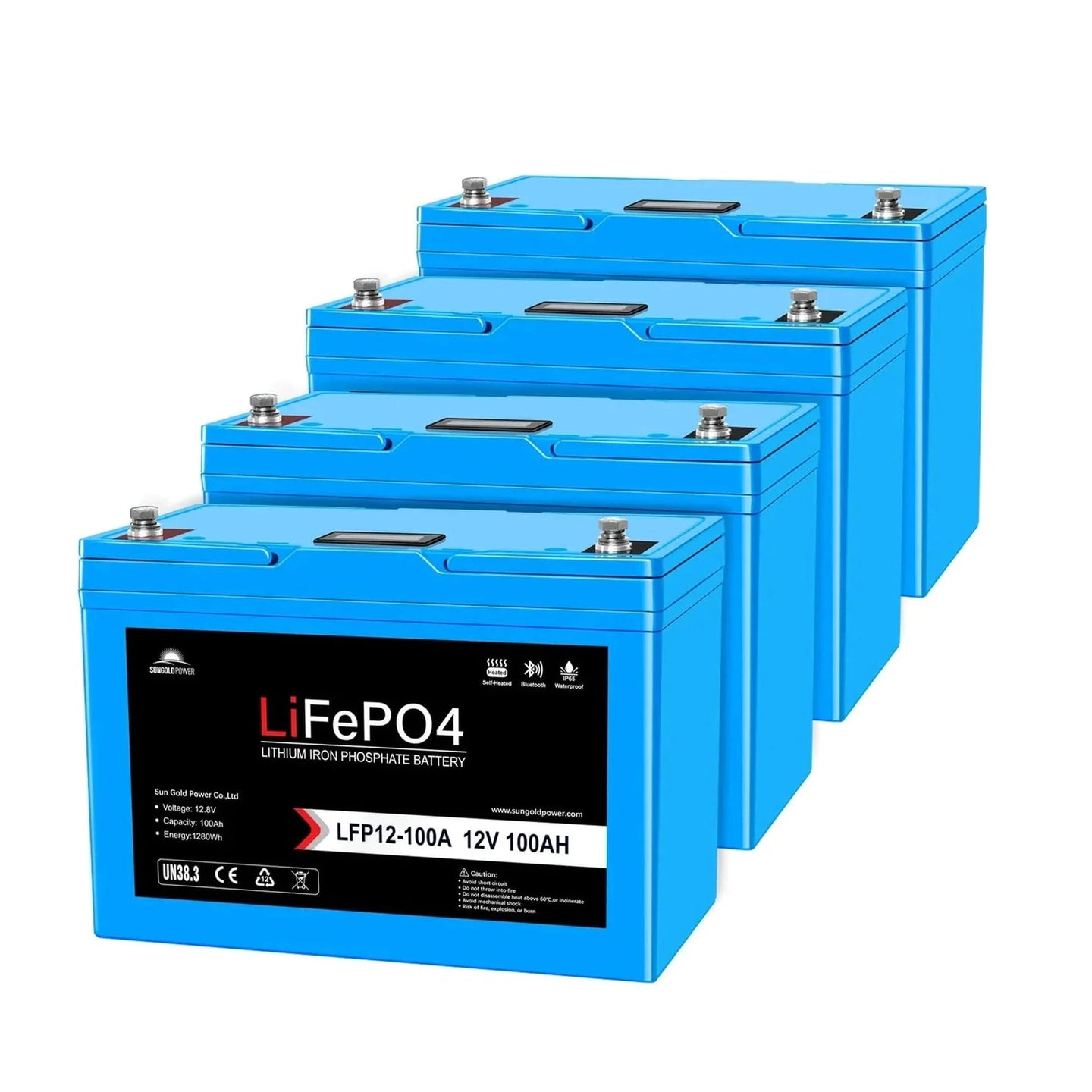 SunGold Power | 4 X 12V 100AH LiFePO4 Deep Cycle Lithium Battery / Bluetooth /Self-heating / IP65 | LFP12-100AX4