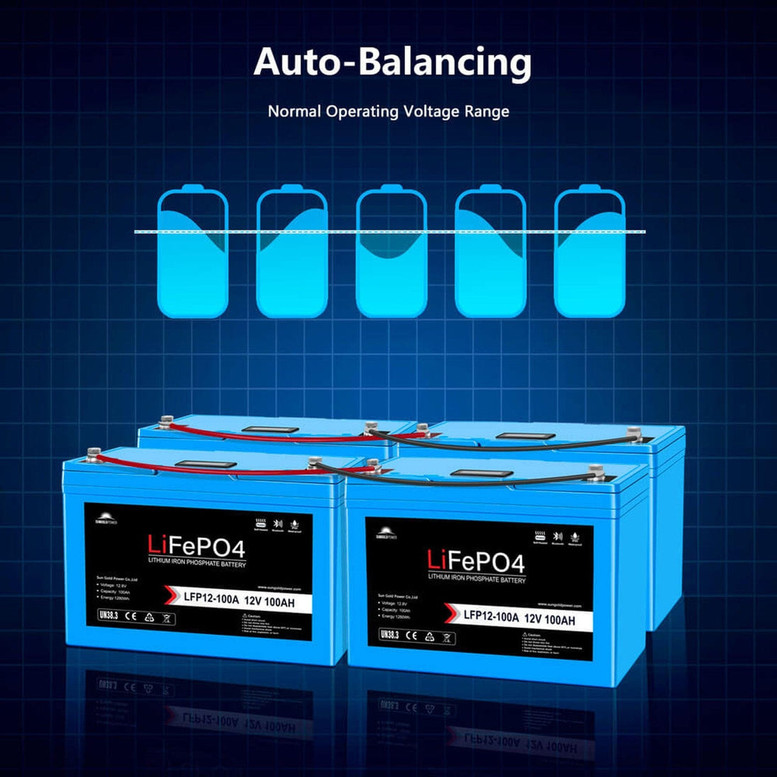 SunGold Power | 2 X 12V 100AH LiFePO4 Deep Cycle Lithium Battery / Bluetooth /Self-heating / IP65 | LFP12-100AX2
