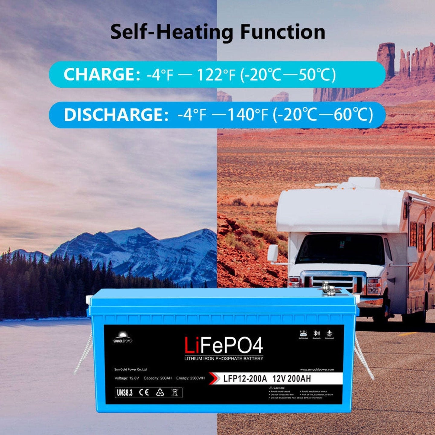 SunGold Power | 12V 100Ah/ 200Ah LiFePo4 Deep Cycle Lithium Battery Bluetooth / Self-Heating / IP65 | LFP12-200A | 200ah / 1 Unit