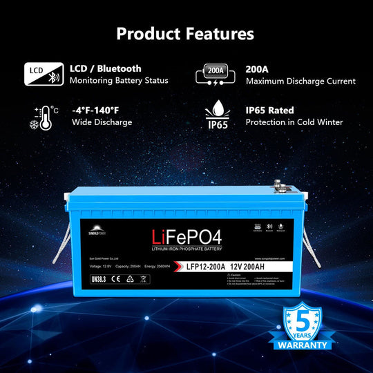 SunGold Power | 12V 100Ah/ 200Ah LiFePo4 Deep Cycle Lithium Battery Bluetooth / Self-Heating / IP65 | LFP12-200A | 200ah / 1 Unit