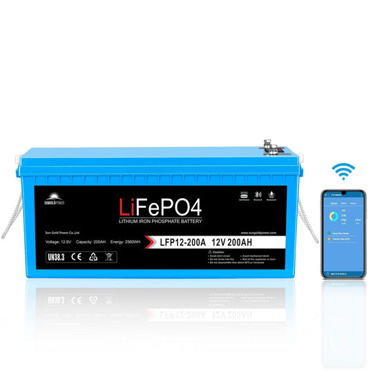 SunGold Power | 12V 100Ah/ 200Ah LiFePo4 Deep Cycle Lithium Battery Bluetooth / Self-Heating / IP65 | LFP12-200A | 200ah / 1 Unit