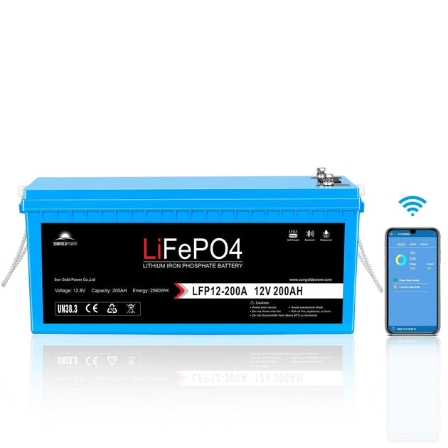 SunGold Power | 12V 100Ah/ 200Ah LiFePo4 Deep Cycle Lithium Battery Bluetooth / Self-Heating / IP65 | LFP12-200A | 200ah / 1 Unit