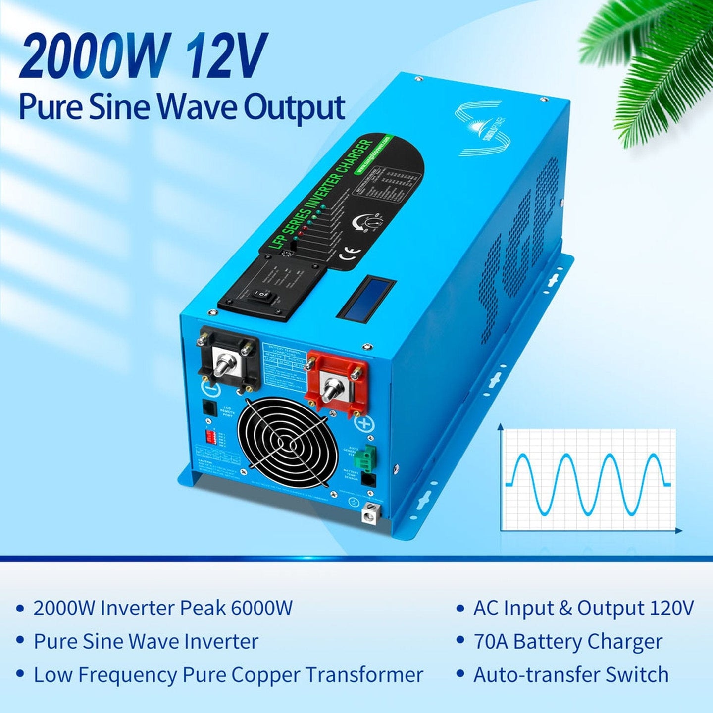 SUNGOLD POWER | 2000W DC 12V Pure Sine Wave Inverter With Charger | LFP2K12V120VSG