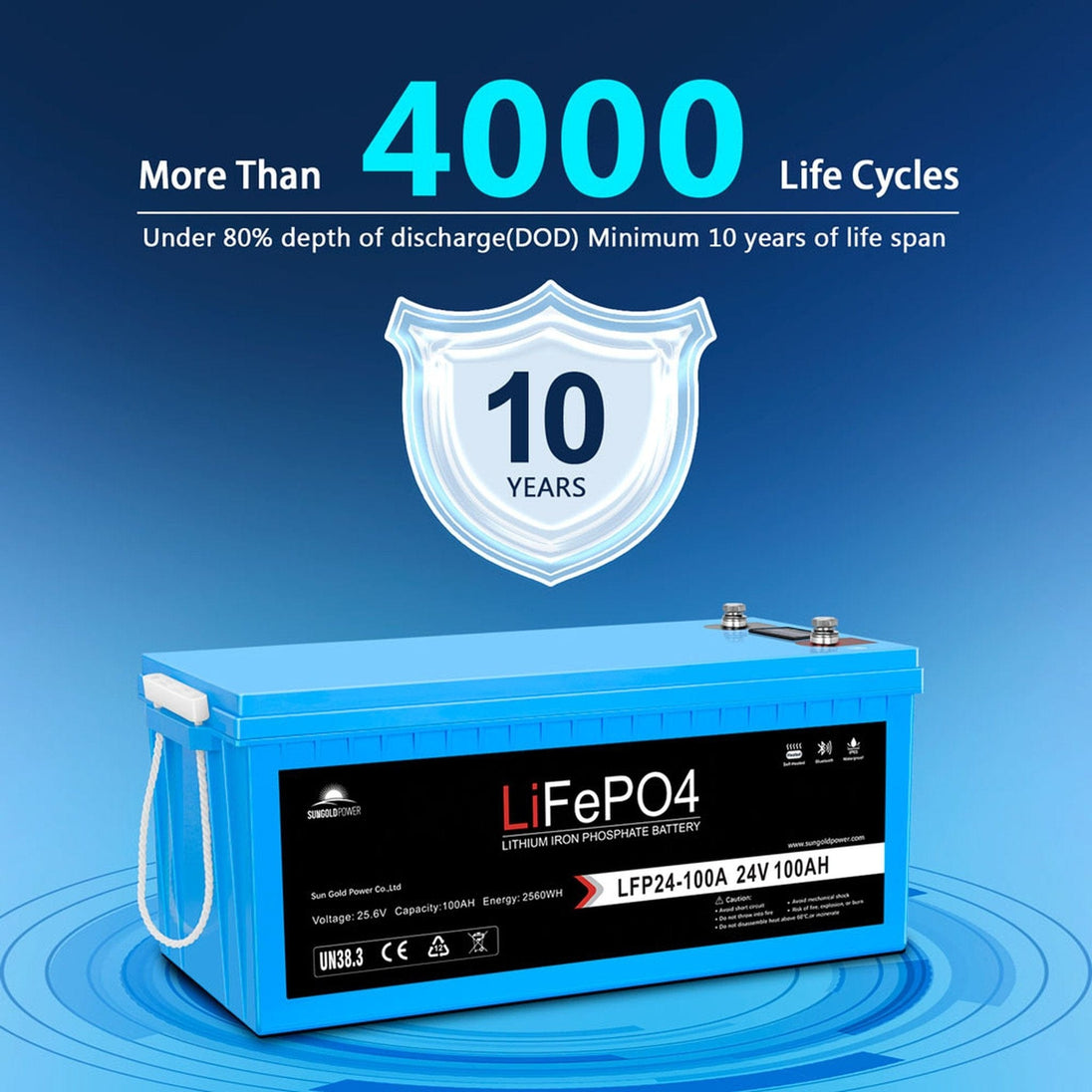 SunGold Power | 24V 100Ah LiFePo4 Deep Cycle Lithium Battery Bluetooth / Self-Heating / IP65 | LFP24-100Ax4 | 4 Units