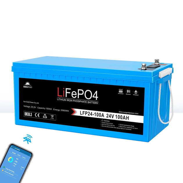 SunGold Power | 24V 100Ah LiFePo4 Deep Cycle Lithium Battery Bluetooth / Self-Heating / IP65 | LFP24-100Ax2 | 2 Units