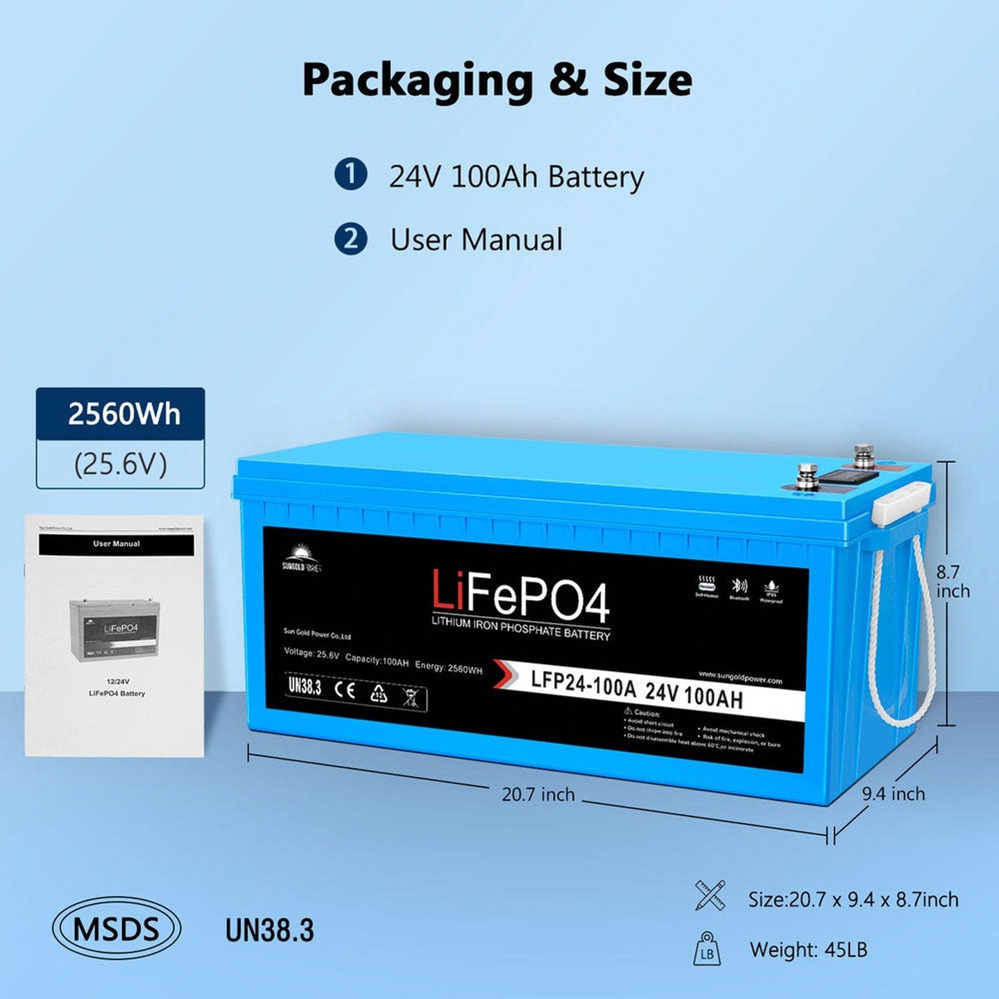 SunGold Power | 24V 100Ah LiFePo4 Deep Cycle Lithium Battery Bluetooth / Self-Heating / IP65 | LFP24-100Ax2 | 2 Units