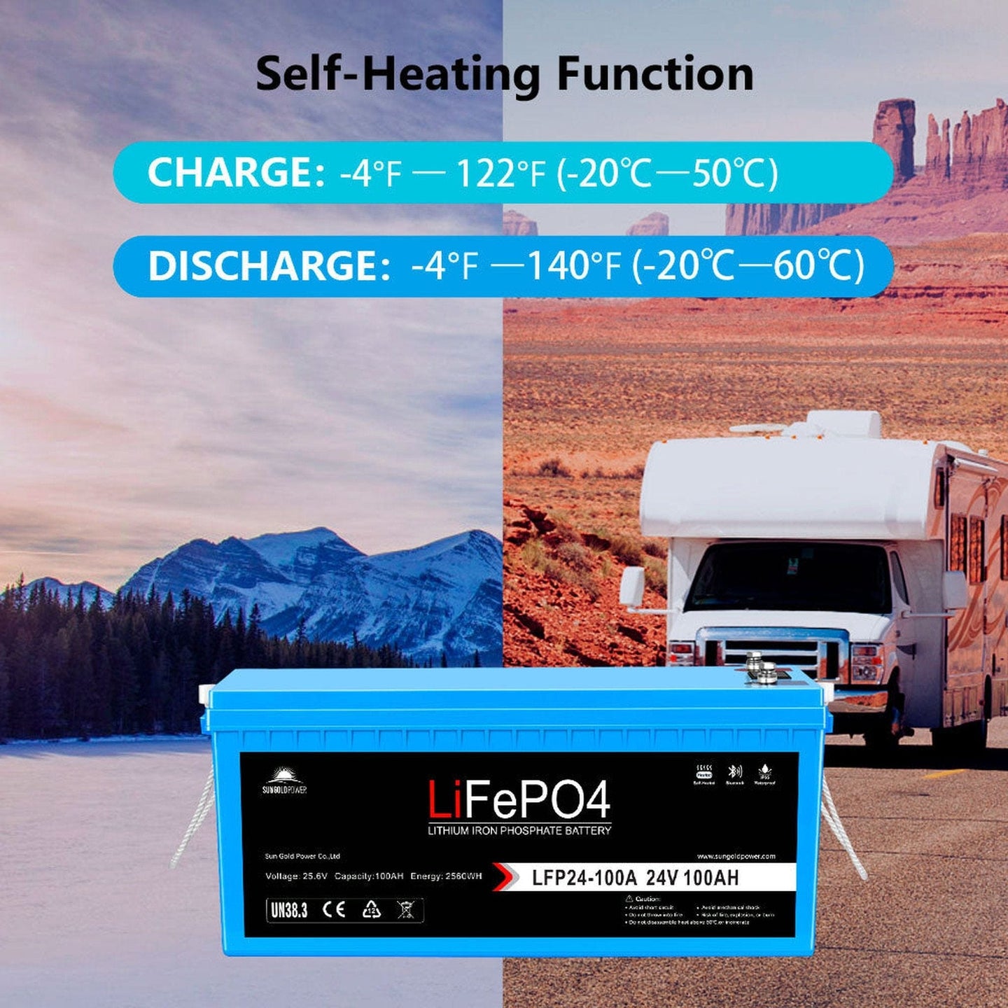 SunGold Power | 24V 100Ah LiFePo4 Deep Cycle Lithium Battery Bluetooth / Self-Heating / IP65 | LFP24-100Ax2 | 2 Units