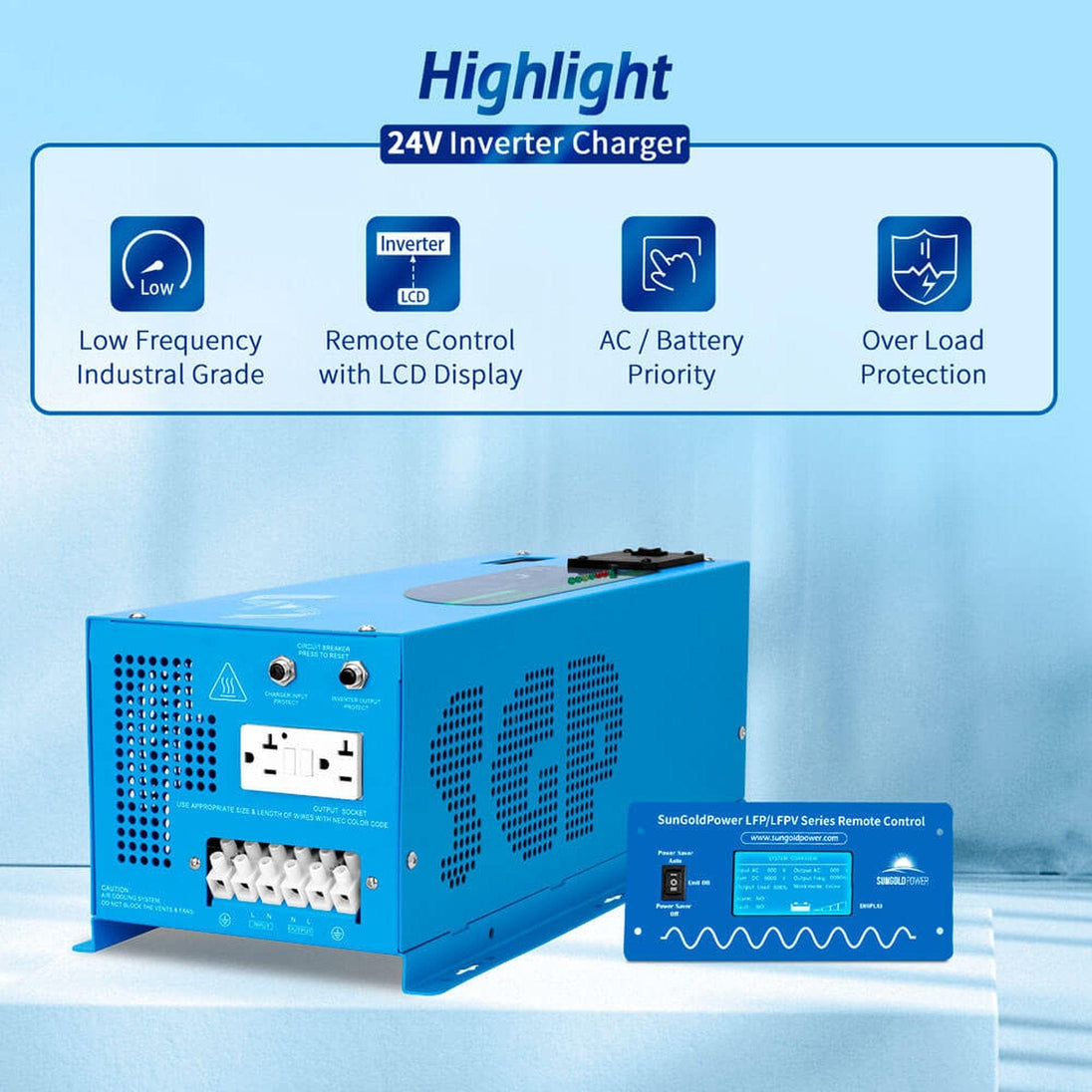SUNGOLD POWER | 3000W DC 24V Pure Sine Wave Inverter With Charger | LFP3K24V120VSG