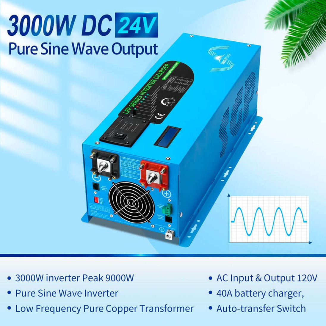 SUNGOLD POWER | 3000W DC 24V Pure Sine Wave Inverter With Charger | LFP3K24V120VSG