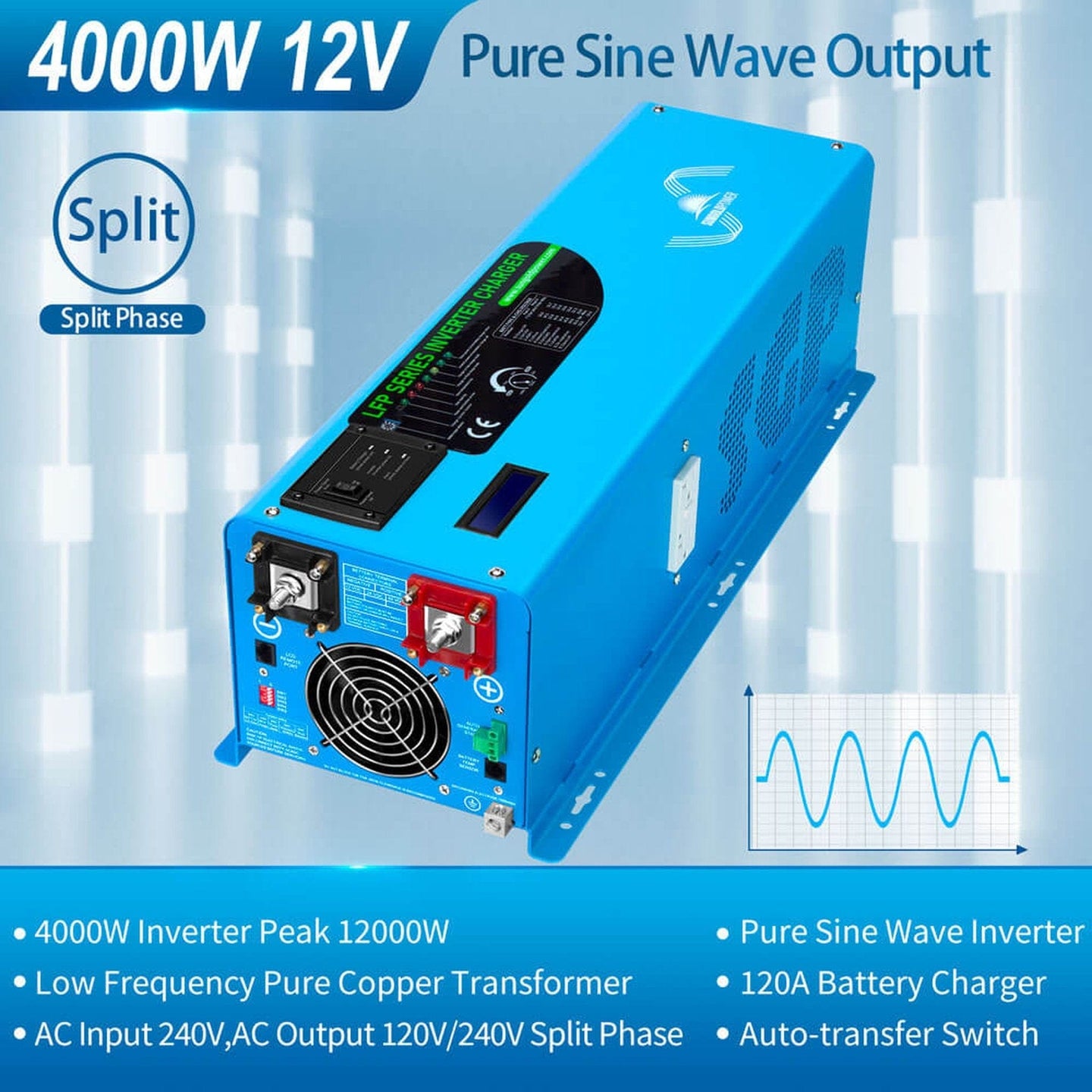 SUNGOLD POWER | 4000W DC 12V Split Phase Pure Sine Wave Inverter With Charger | LFP4K12V240VSP