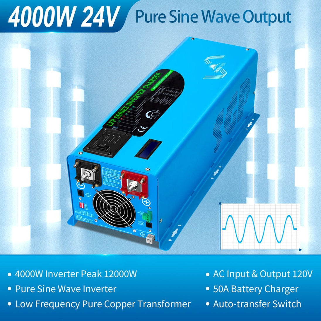 SunGold Power | 4000W DC 24V Pure Sine Wave Inverter With Charger | LFP4K24V120VSG | Only Inverter