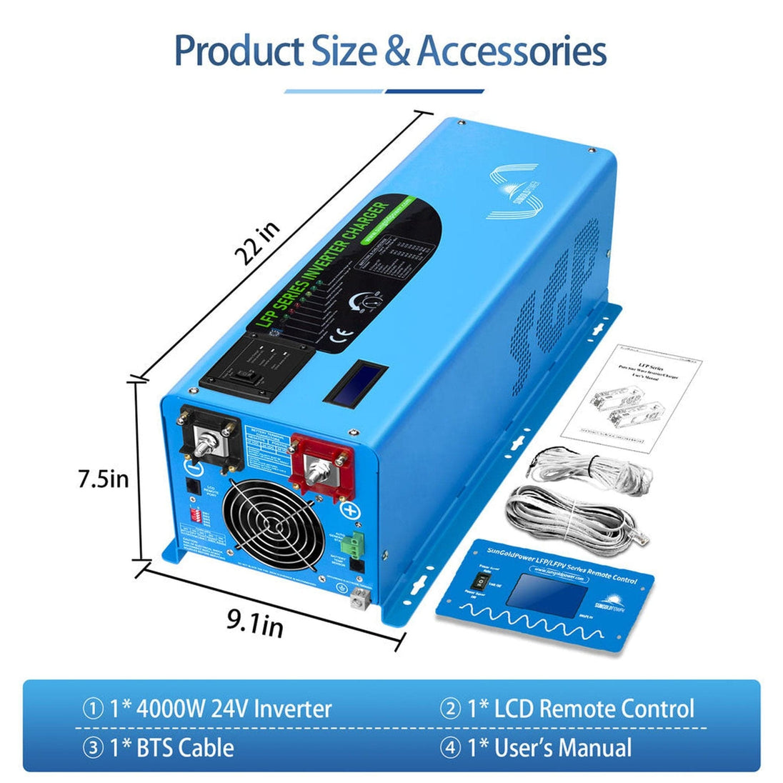 SunGold Power | 4000W DC 24V Pure Sine Wave Inverter With Charger | LFP4K24V120VSG+2*LFP24-100A | 2 X LFP24-100A [5.12KWH]
