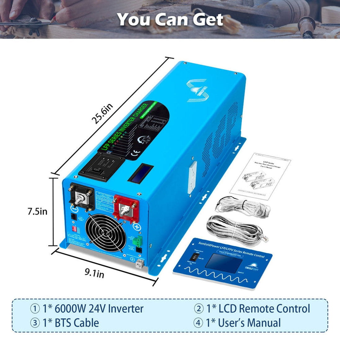 SunGold Power | 6000W DC 24V/ 48V Split Phase Pure Sine Wave Inverter With Charger | LFP6K48V240VSPL+4*LFP12-200A | 6KW 48V Inverter UL1741+ 4*12V 200AH Battery
