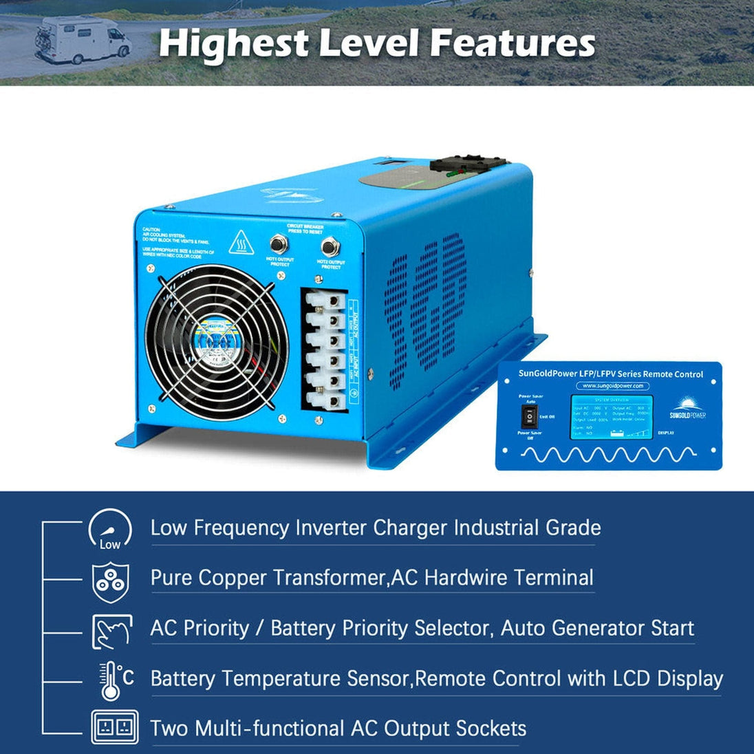 SUNGOLD POWER | 6000W DC 24V Split Phase Pure Sine Wave Inverter With Charger | LFP6K24V230VSP