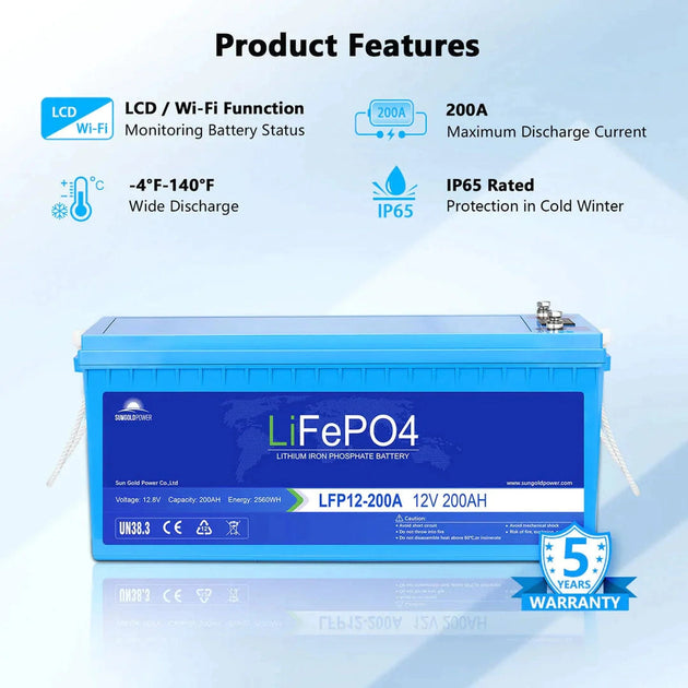 SunGold Power | 4 X 12V 200Ah LiFePo4 Deep Cycle Lithium Battery Bluetooth / Self-Heating / IP65 | LFP12-200Ax4