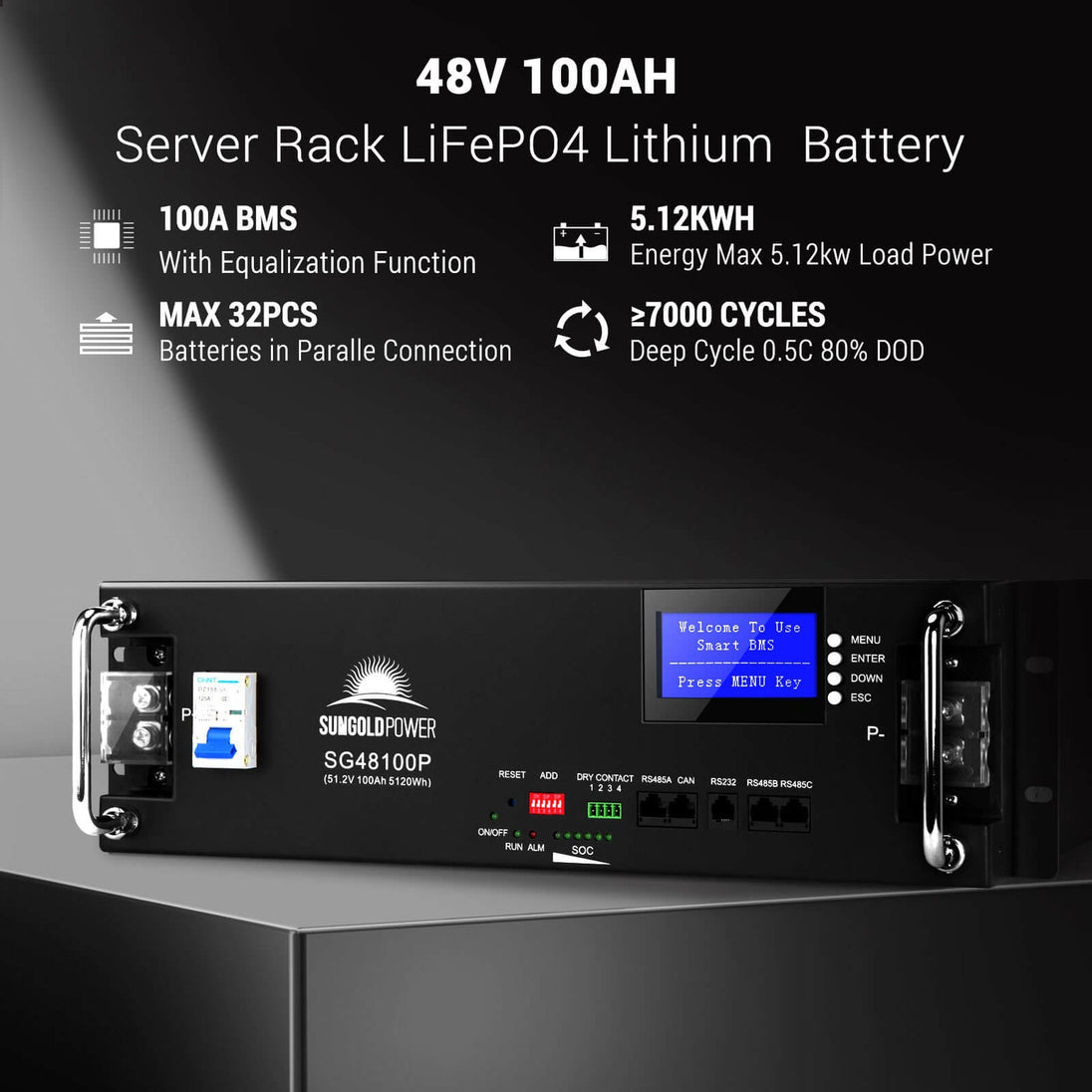 SUNGOLDPOWER | 48V 100AH Server Rack LiFePO4 Lithium Battery SG48100P UL1973  UL9540A | SG48100P*4 | 4 units