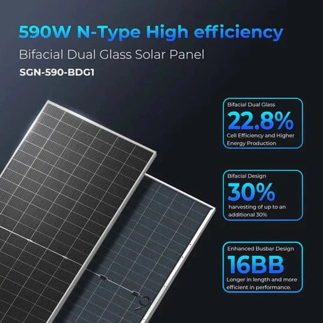SunGold Power | 590 Watt Bifacial N-Type Monocrystalline Solar Panel SGN-590-BDG1 UL61730 CEC Listed | SGN-590-BDG1x10 | 10PCS