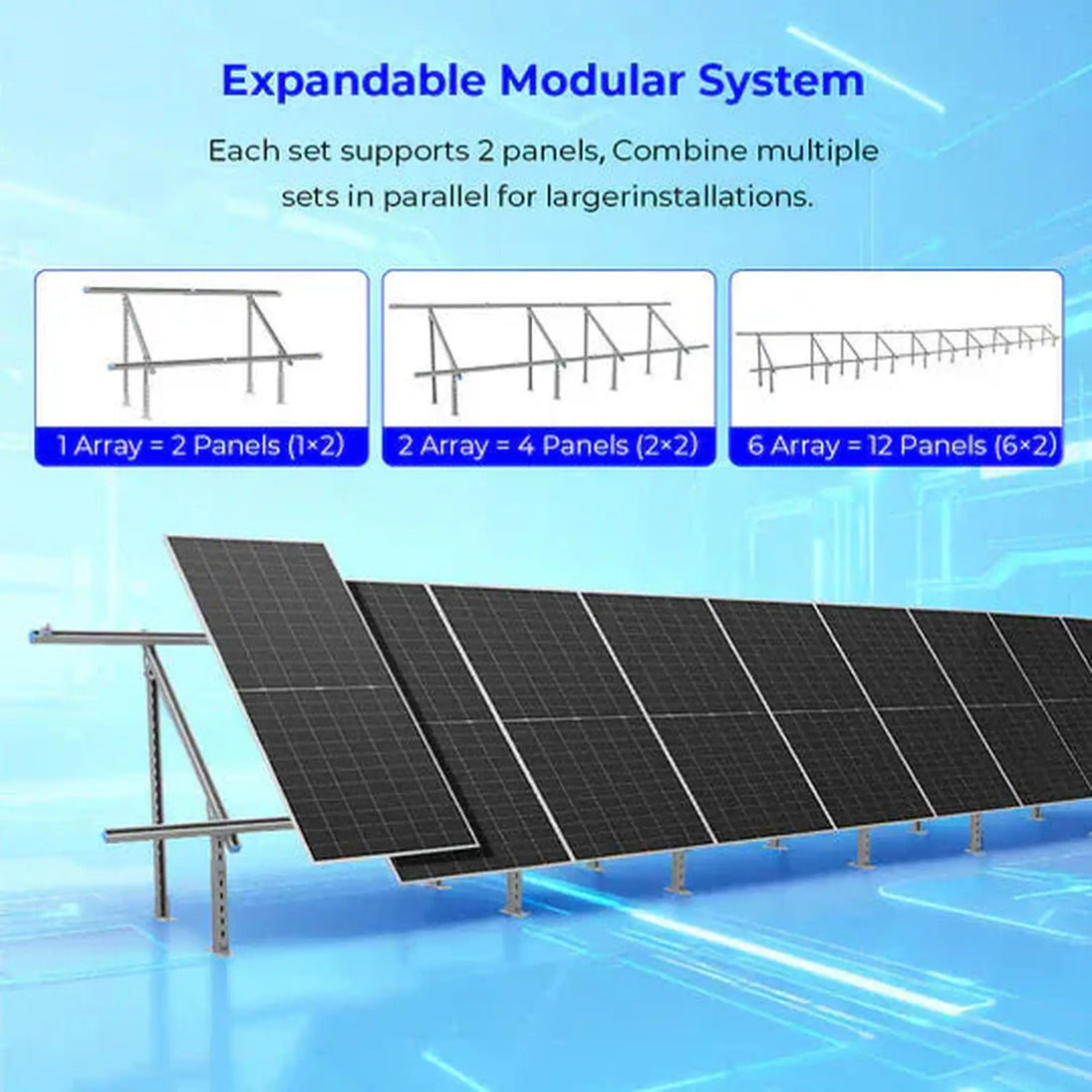 SunGold Power | Modular & Expandable Ground Mount Brackets for 2× 400W–590W Solar Panels | Heavy-Duty Adjustable | SGP-GMB-2P