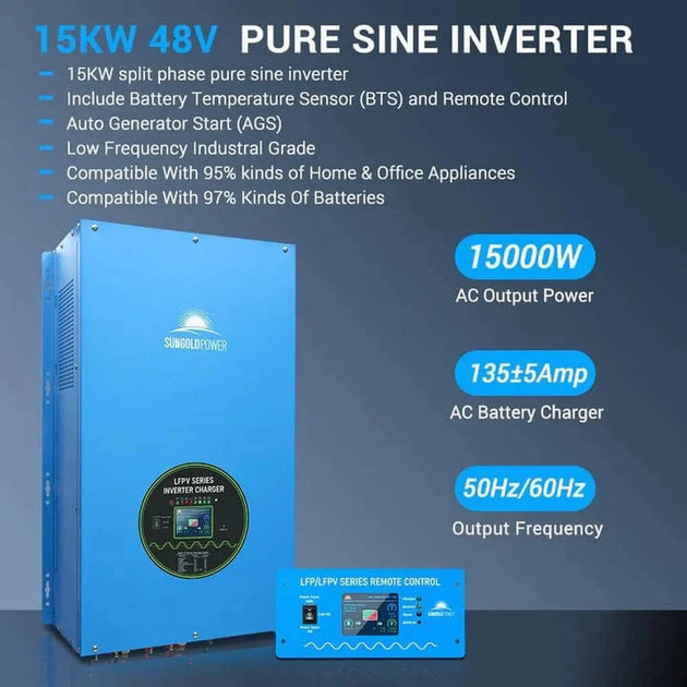 SunGold Power | Hybrid Solar Kit 11.4KW 48V 30.72KWH Lithium Battery | SGH-11N3E | SGH-11N3E(11.4kw Inv+28*450w PV+6*100AH Bat)