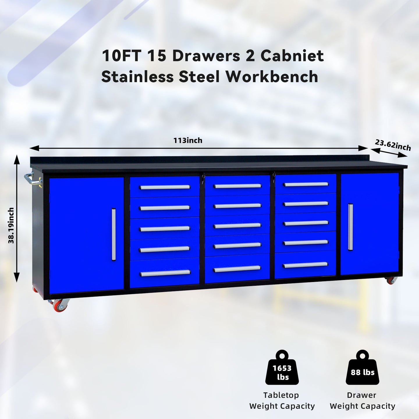 Chery Industrial 10ft 15-Drawer Storage Workbench with Wheels