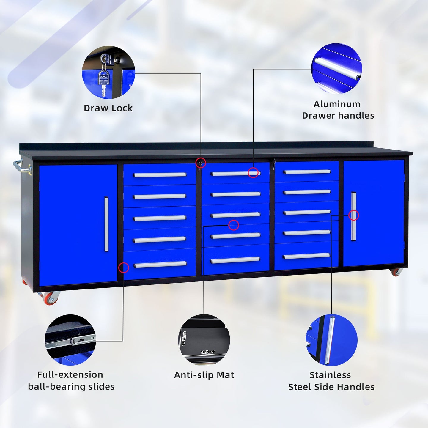 Chery Industrial 10ft 15-Drawer Storage Workbench with Wheels