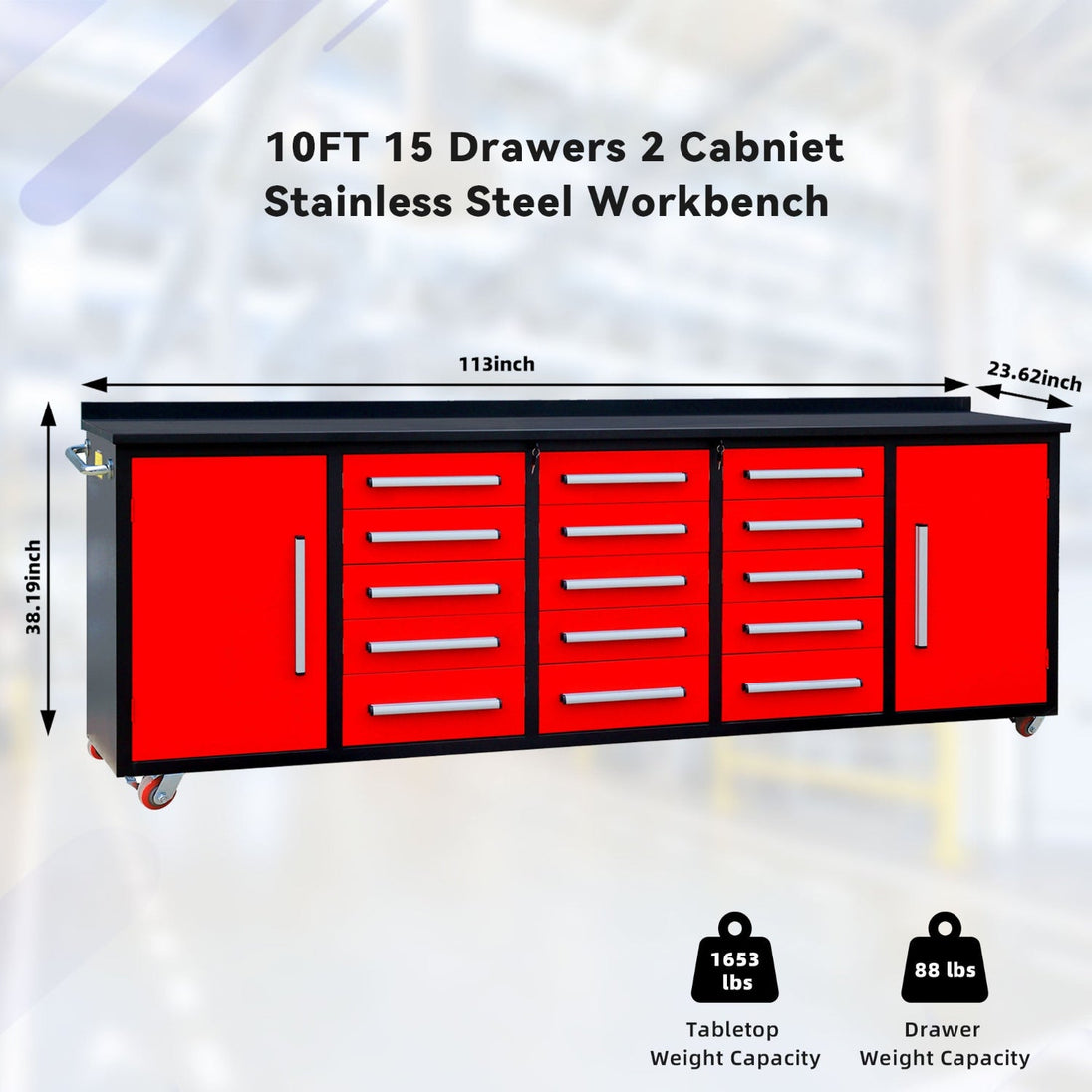 Chery Industrial 10ft 15-Drawer Storage Workbench with Wheels