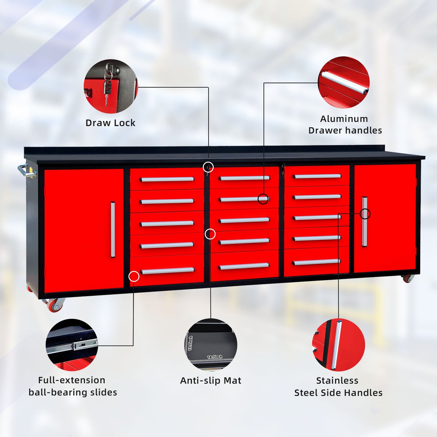 Chery Industrial 10ft 15-Drawer Storage Workbench with Wheels