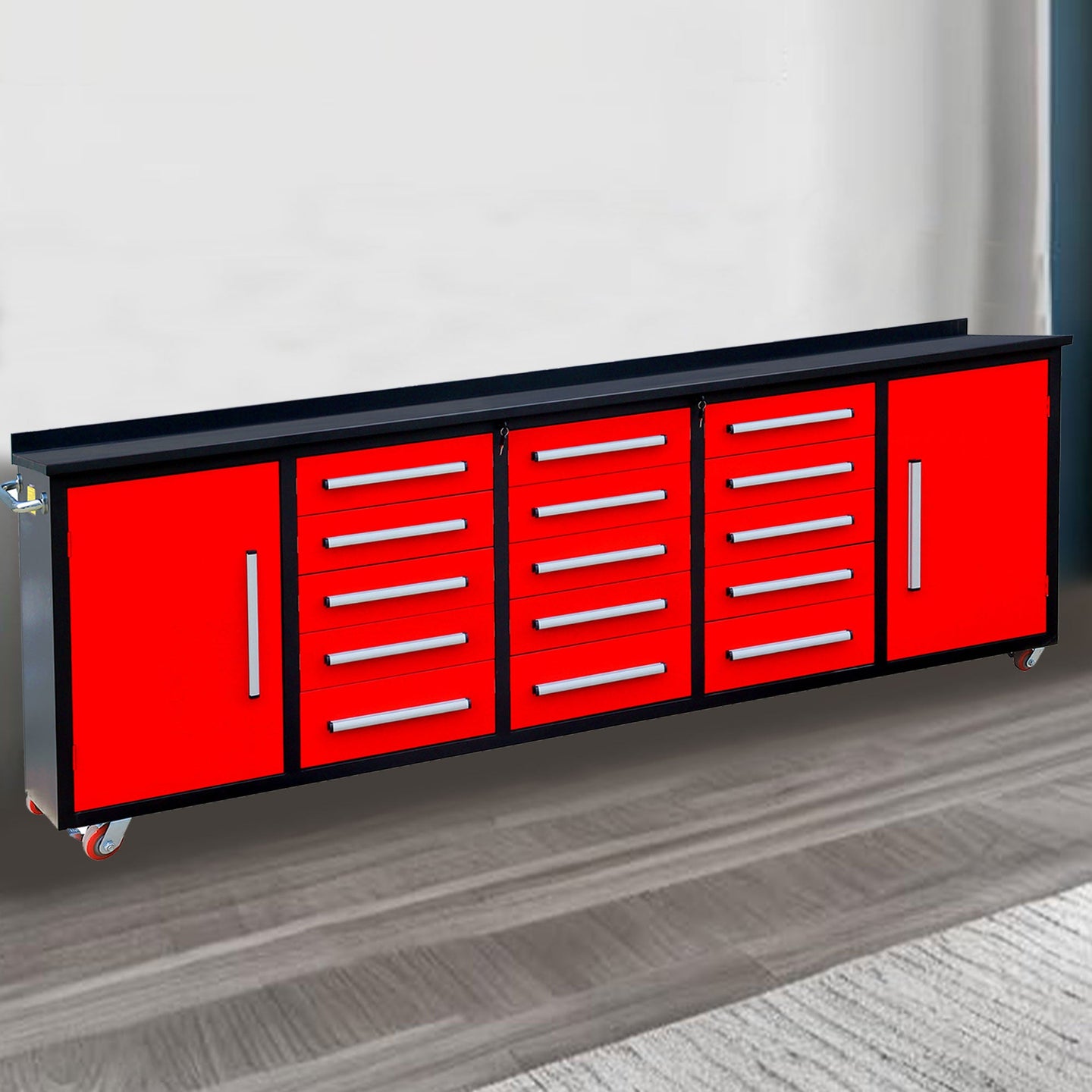 Chery Industrial 10ft 15-Drawer Storage Workbench with Wheels