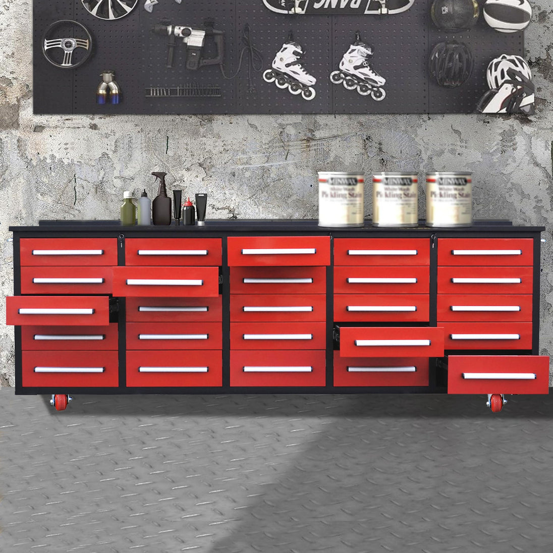 Chery Industrial 10ft 25-Drawer Storage Workbench with Wheels