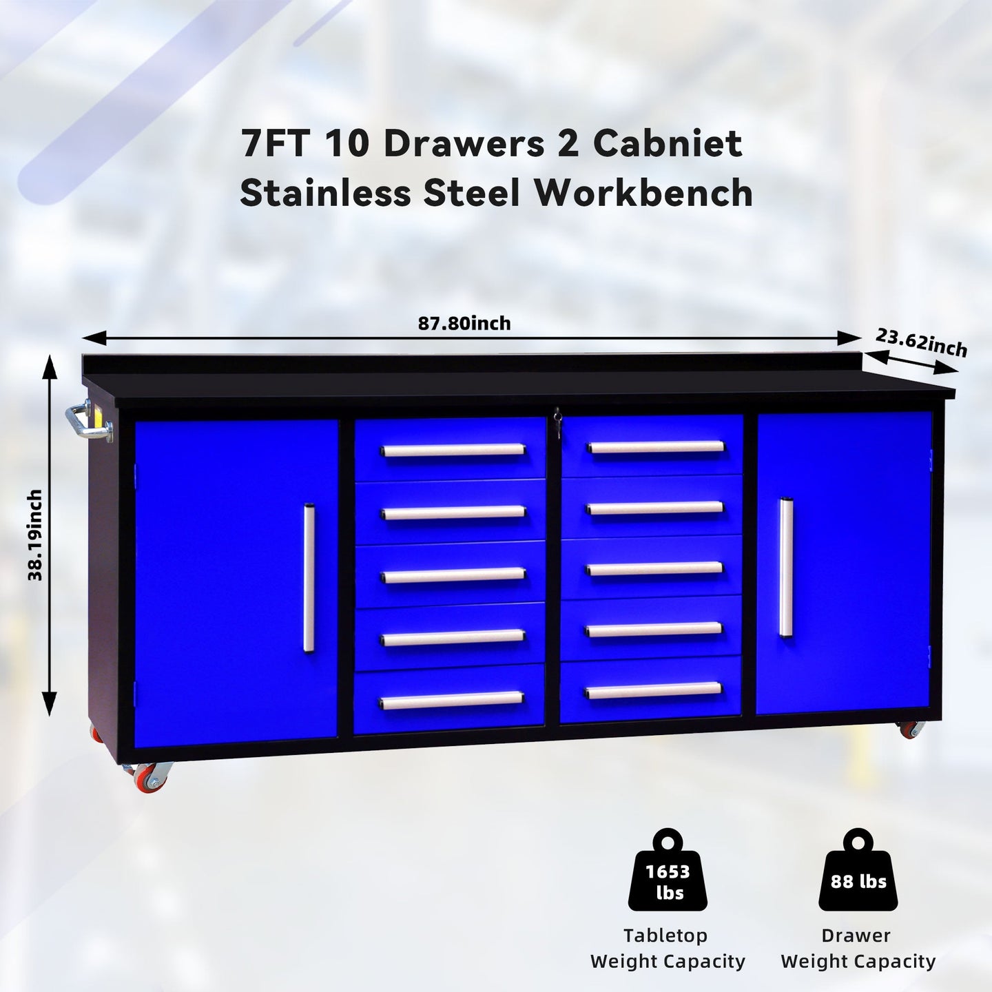 Chery Industrial 7ft 10-drawer Storage Workbench with Wheels