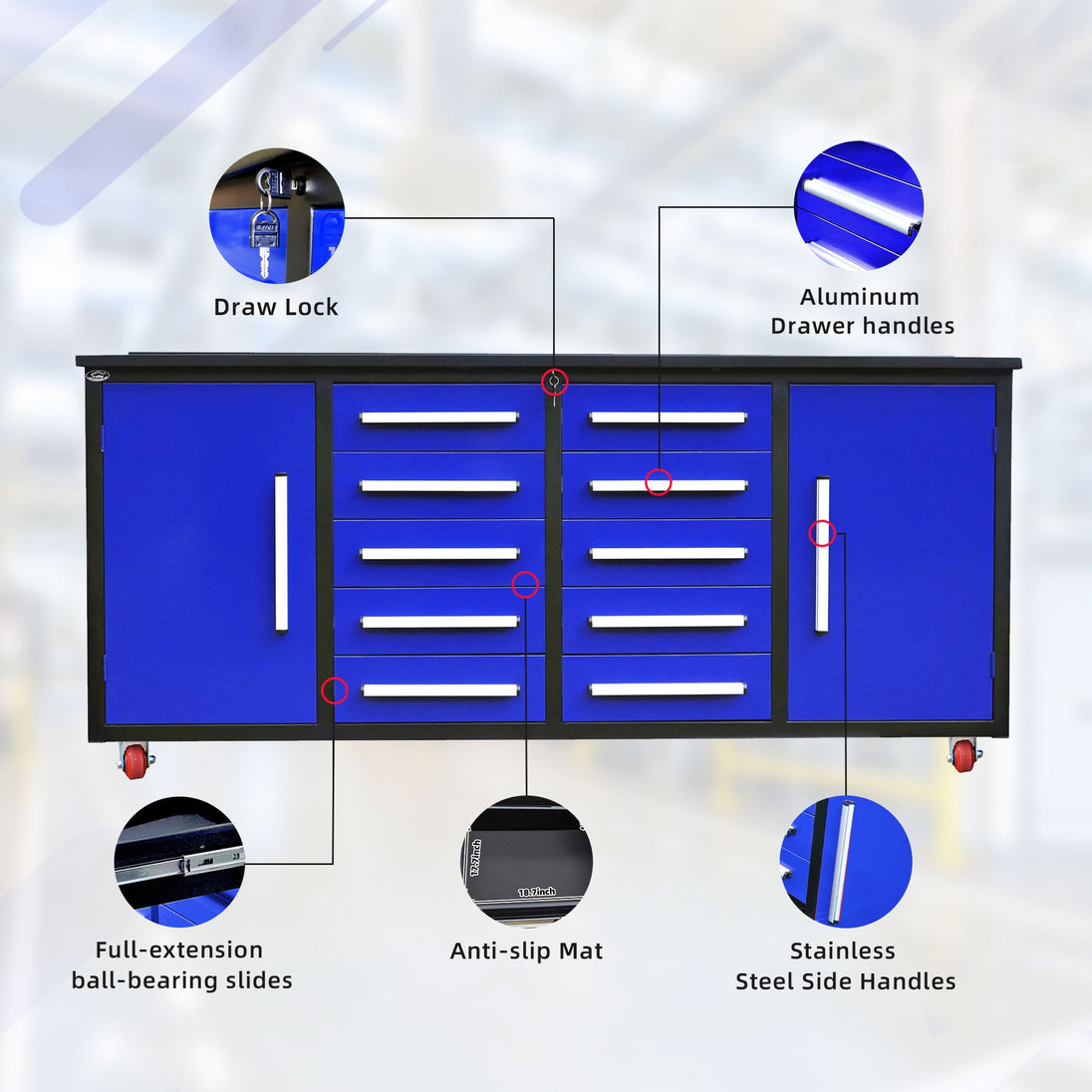 Chery Industrial 7ft 10-drawer Storage Workbench with Wheels