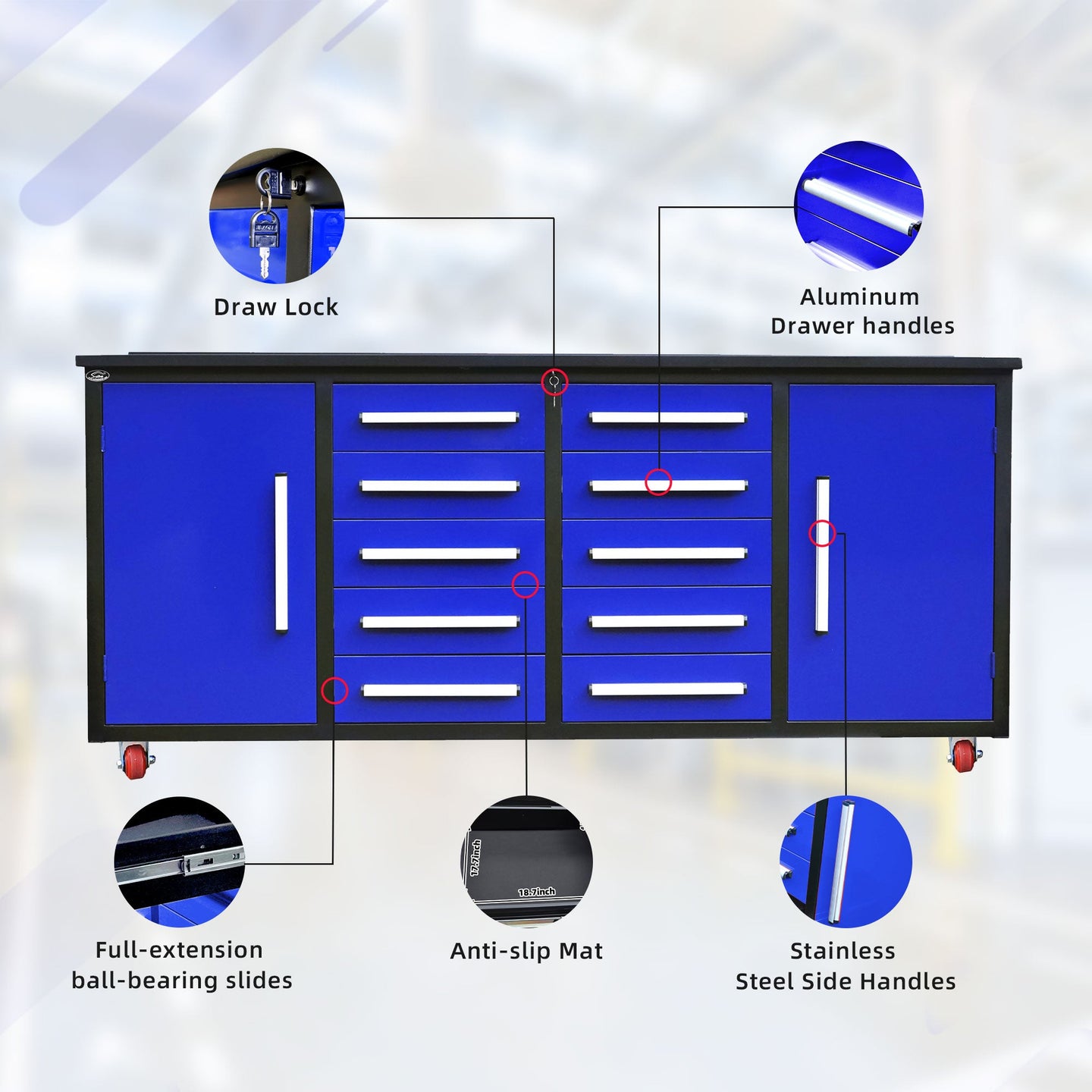 Chery Industrial 7ft 10-drawer Storage Workbench with Wheels